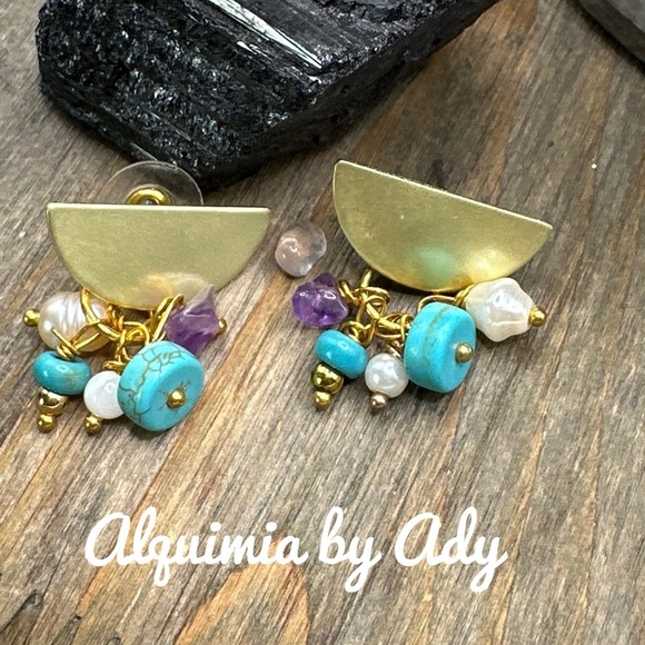 Turquoise dangle chandelier confetti gold earrings multi gemstone earrings - Picture 1 of 5